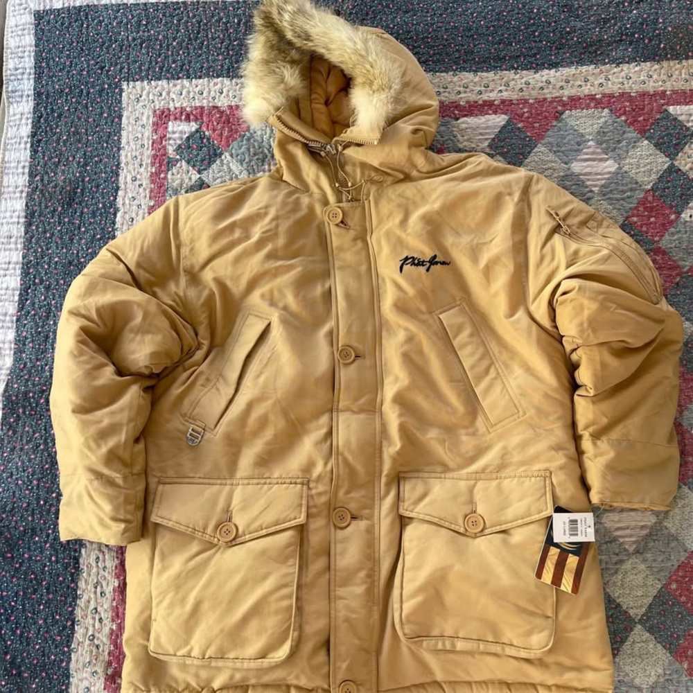 Phat Farm Jacket Mens 2XL Khaki Tan Down Parka Coyote Fur Hooded Clymatec